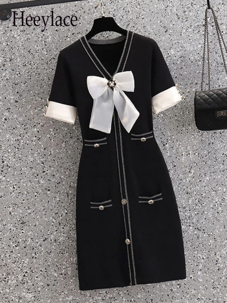 

Women Summer Short Sleeve Knitted Dresses For Women French Vintage Fragrance Bow V-neck Black Knitting Dresses Female Vestidos