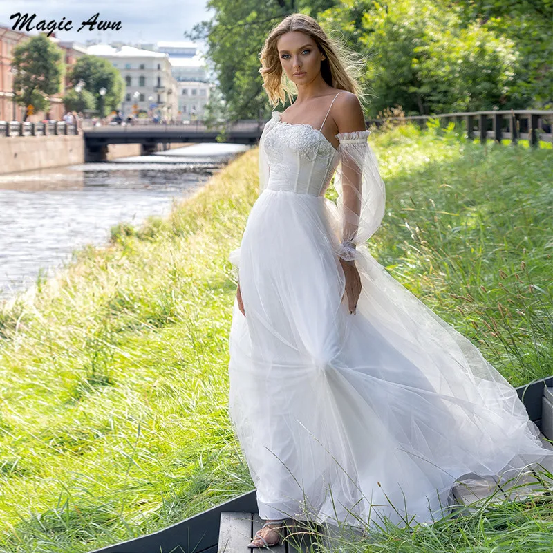 

Magic Awn Boho White Wedding Dresses Lace Appliques Long Sleeves Illusion Tulle Beach Bridal Gowns A-Line Vestidos De Novia