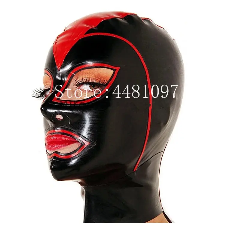 

Latex Rubber Hood Mask Handmade Black Sexy Fetish Open Eyes Lips with Red Trim for Men Women Halloween Cosplay Costumes