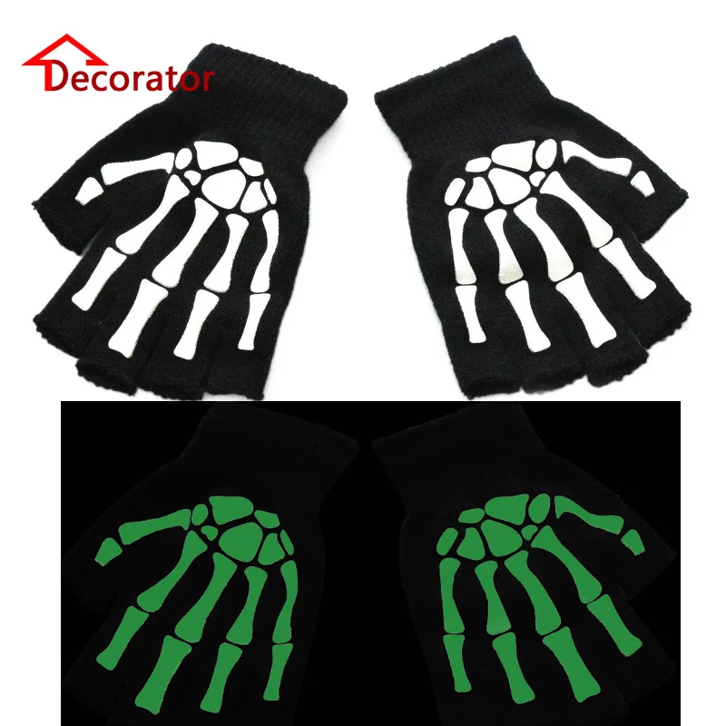 

Adult Kids Halloween Skeleton Skull Half Finger Luminous Gloves Winter Skull Fingerless Mitten for Event Party Festive Cycling