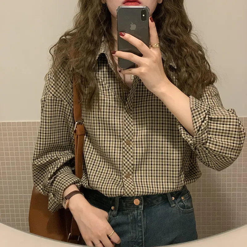 

XEJ Retro Plaid Shirt Women's 2023 Autumn New Korean Loose Long Sleeve Shirt Fine Elegant Blouses for Women Chic Elegant Top