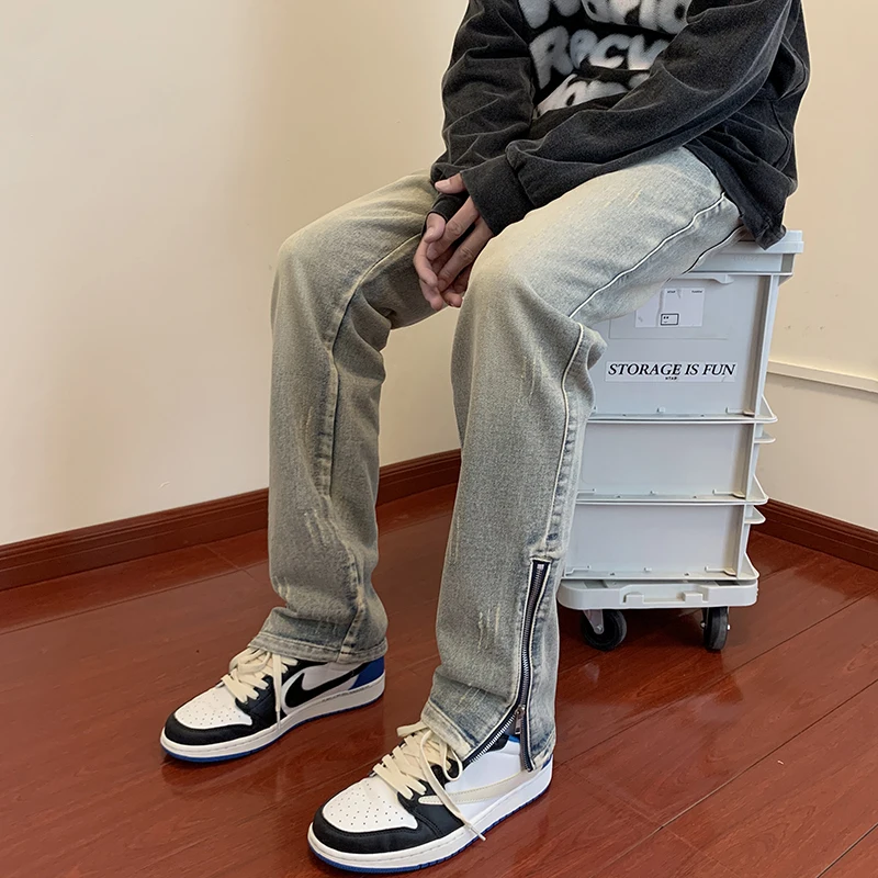 Four Seasons Jeans Men's Fashion Casual Blue Trousers Men's Street Loose Hip Hop Hole Straight Denim Trousers Men's Streetwear