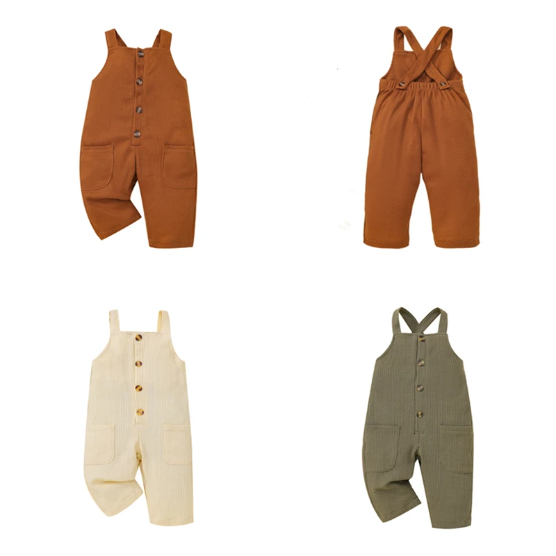 Baby Boys Girls Suspender Overalls Solid Color Front Button Down Pockets Decoration Sleeveless Romper Jumpsuits