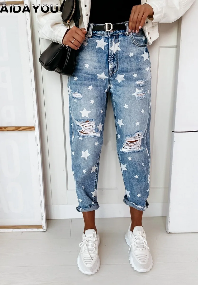 

Women' Star Jeans Ripped Distressed Denim Pants Cropped Regular Button Classic Mid Waist Light Goth Moto ouc1388