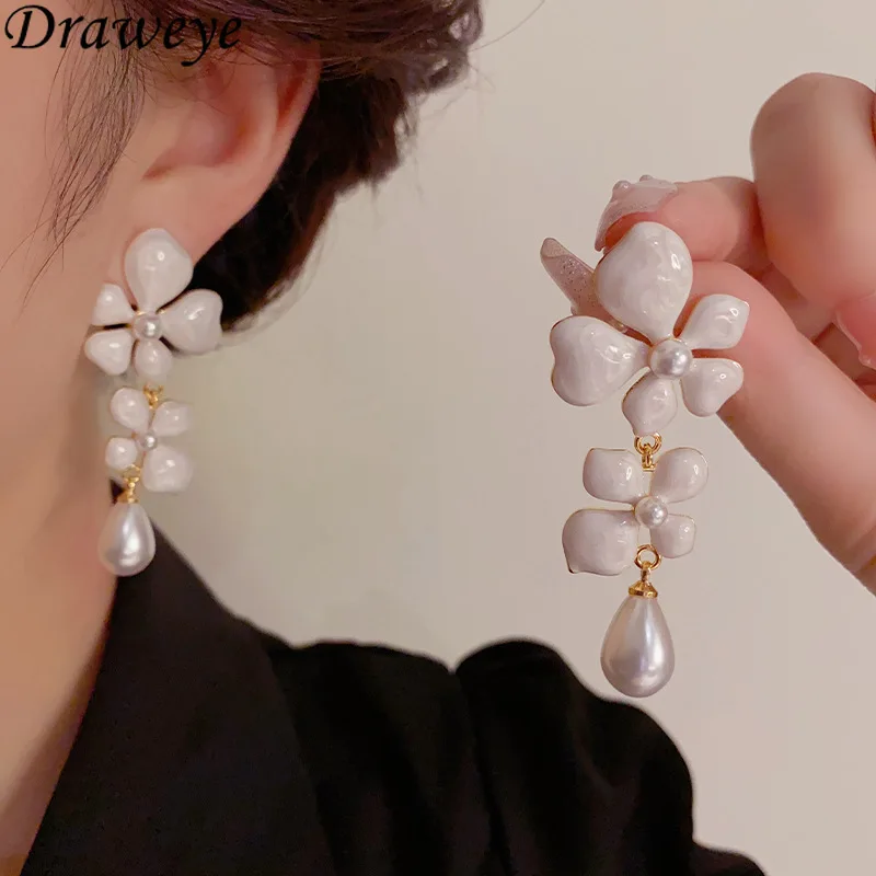 Серьги Draweye с жемчугом и цветами для женщин винтажные корейские модные
