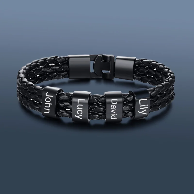 

Leather Personalized Bracelet Bangle Name Date Family Gift For Man Dad Woman Mom Jewelry Engraved Custom Black Stainless Steel