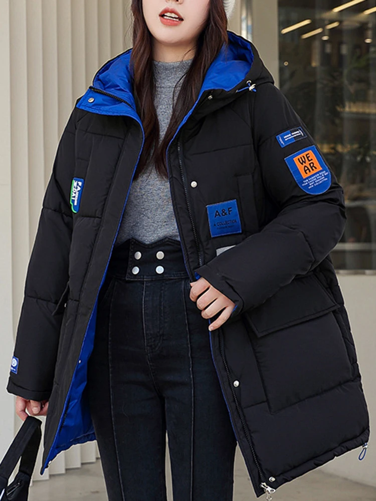 AZYT Winter Hooded Parkas Women Fashion Patchwork Mid Long Down Cotton Coats For Women 2022 New Thicken Warm Winter Jacket