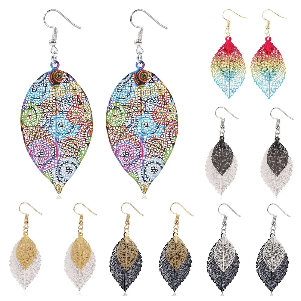 

YADELAI 2022 Fashion Bohemian Leaf Earring Colorful Simple Double Layer Hollow Leaf Earring Long Earring Women's Jewelry Gifts