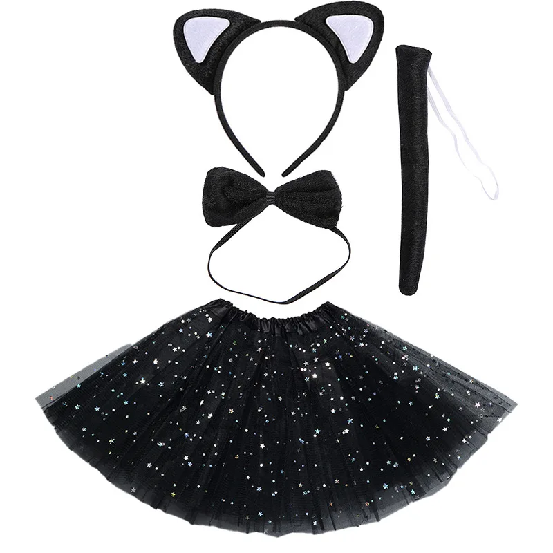 

2-8years Girls Tutu Dress Star Pomp Dress Black Cat Suit Animal Ear Bow Tie Tail Headband Sequined Pompadour Dress Cosplay Party
