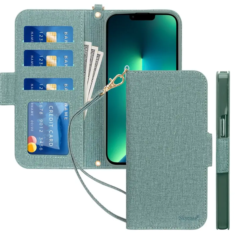 

Wallet Case ,[RFID Blocking][Kickstand Function] Flip Folio Wallet Case with Card Slots and Detachable Hand Strap for iPhone 13