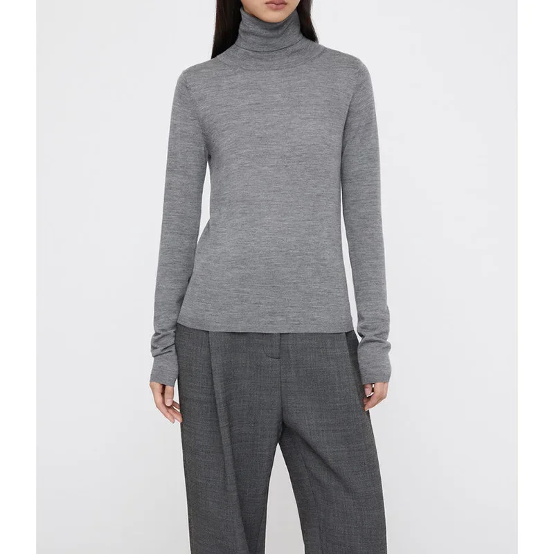 

Wool Knitted Sweater Women High Neck Slim Thin Section Pullover Long-sleeved Tops Solid Color Casual Streetwear Commuting