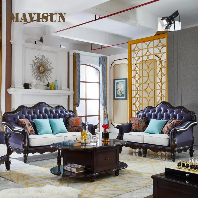 Американский кожаный диван с верхним слоем, искусственная кожа, роскошныйсочетание гостиной, полностью из твердой древесины, резной виллы, мебельдля большой квартиры