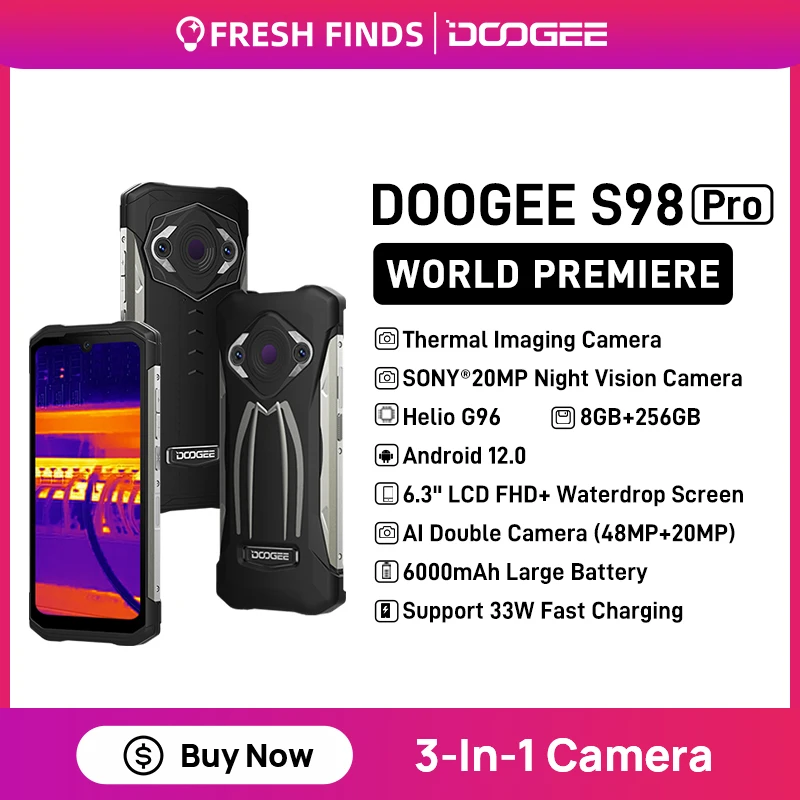 [World Premiere In Stock]DOOGEE S98 Pro Thermal imaging Camera 20MP Night vision Rugged Phone Helio G96 8GB 256GB 6000mAh Phone
