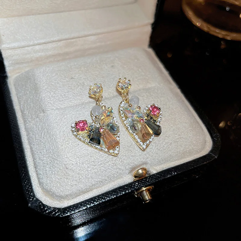 

Minar Korean Style Multicolor CZ Zircon Rhinestones Heart Drop Earrings for Women Shiny Crystal Pendant Earring Wedding Jewelry
