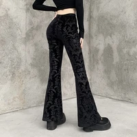 2022 new retro gothic print black pants harajuku high waist flared pants gothic aesthetic punk high waist women velvet trousers