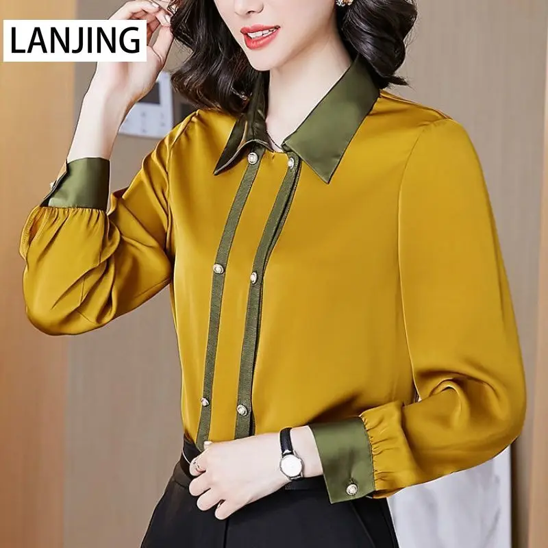 

Шифоновая рубашка Женская атласная Осенняя стрейчевая рубашка 2021 топ с длинными рукавами и прострочкой контрастных цветов женский однотон...