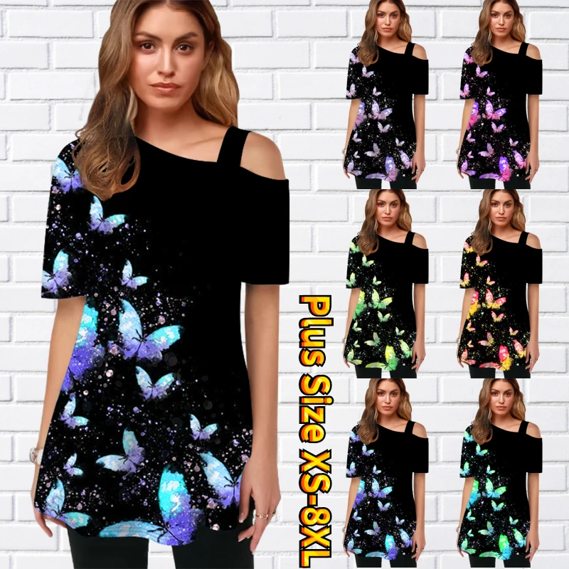 

2022 Summer Women's Daily Street Sexy Off-the-shoulder T-shirt Butterfly Printed Top Fashion Casual Inclined Shoulder Loose Tee