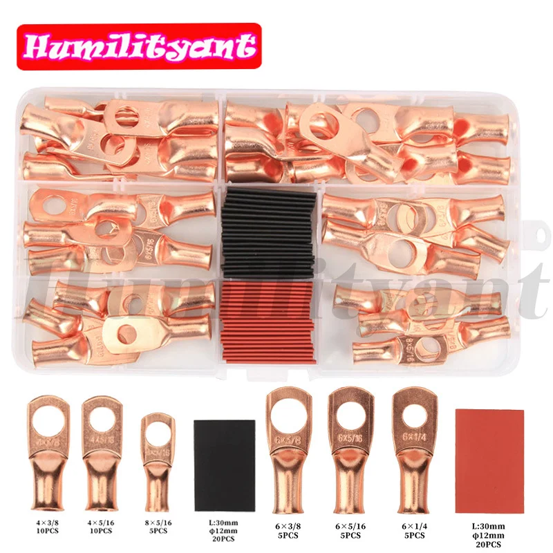 

80PCS Wire Bare Copper Lug Ring Terminals Heat Shrink Tubes Kit Battery Wire Welding Cable AWG4/6/8