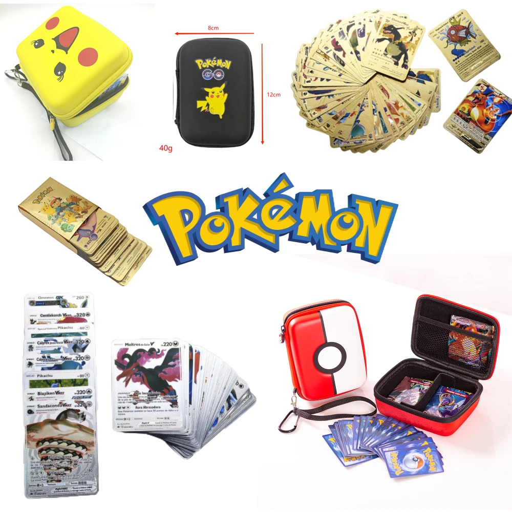 

55 Pokemon Gold Foil Card Holder Gold Letters Contains Spanish/English Metalicas Charizard Vmax Gx Series Game Card Pack Toy