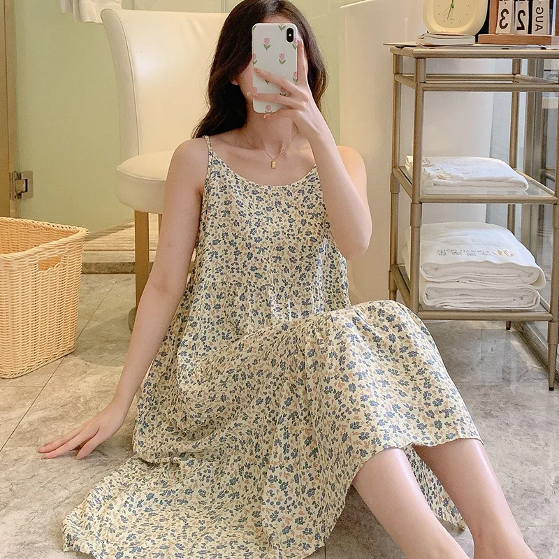 Women's Thin Cotton Nightgown Long Slip Sleep Dress Summer Loose Sleepwear Floral Print Nightwear Nightdress Casual Home Clothes