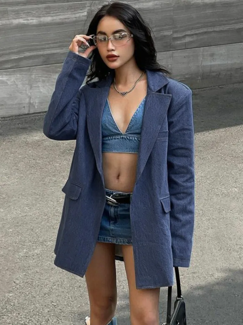 

Женский Джинсовый блейзер на одной пуговице, синий прямой джинсовый пиджак для офиса, длинное пальто для осени, 2023