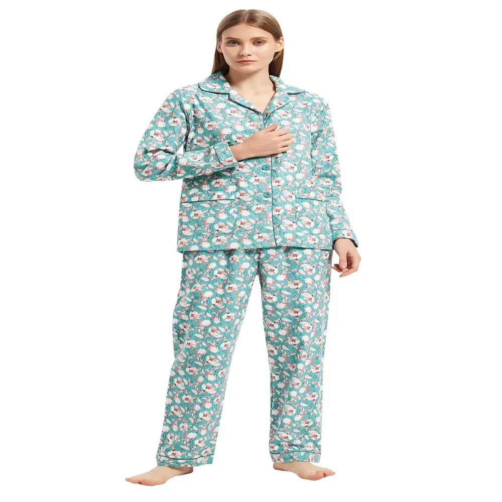 

100% Cotton Comfy Flannel Pajamas for Women 2-Piece Warm and Cozy Pj Set of Loungewear Button Front Top Pants, Size L