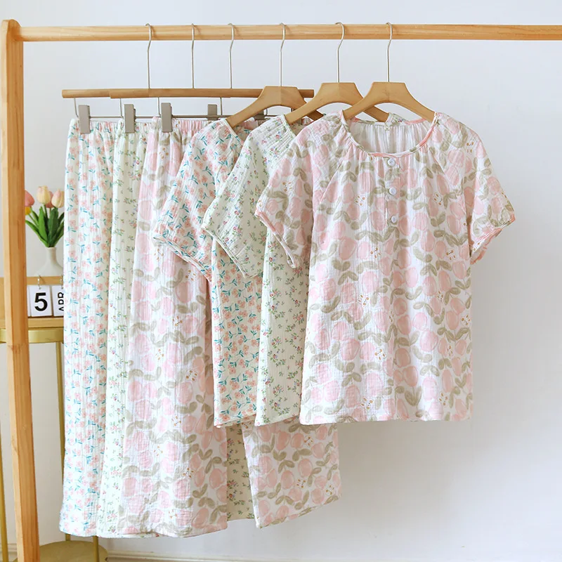 

Floral Printing Sleepwear Women's Summer and Autumn Cotton Short Sleeved Up Button Tops with Long Pants Pijama Mujer Set