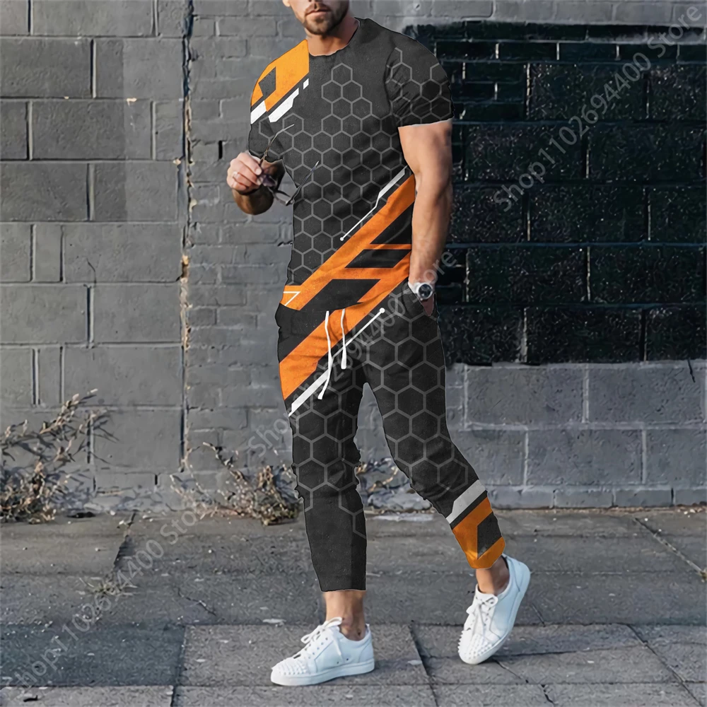 2023 New Men's Trousers Tracksuit 2 Piece Set Fashion Colour Print Summer Short Sleeve T Shirt+Long Pants Street Unisex Clothes