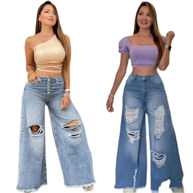 

Женские рваные джинсы с бахромой, широкие брюки из денима с большими дырками и высокой талией в европейском стиле, весна-осень 2022
