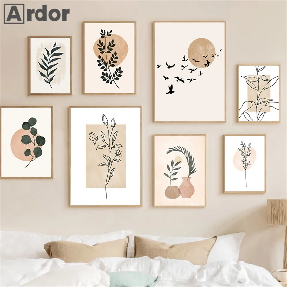 

Boho Natural Leaf Wall Art Canvas Print Sun Bird Abstract Landscape Painting Nordic Posters And Prints Wall Pictures Home Decor