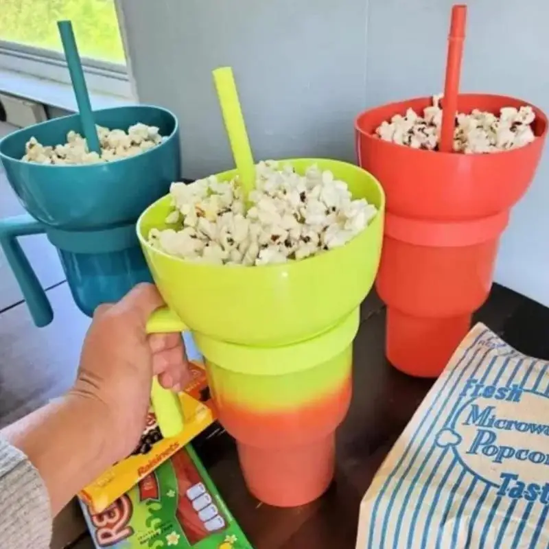 

2 In 1 Snackies Cup Top Snack Bowl on Drink Cups Portable Splash Proof Leakproof Popcorn Sippy Cup with Handle Cinema Trip