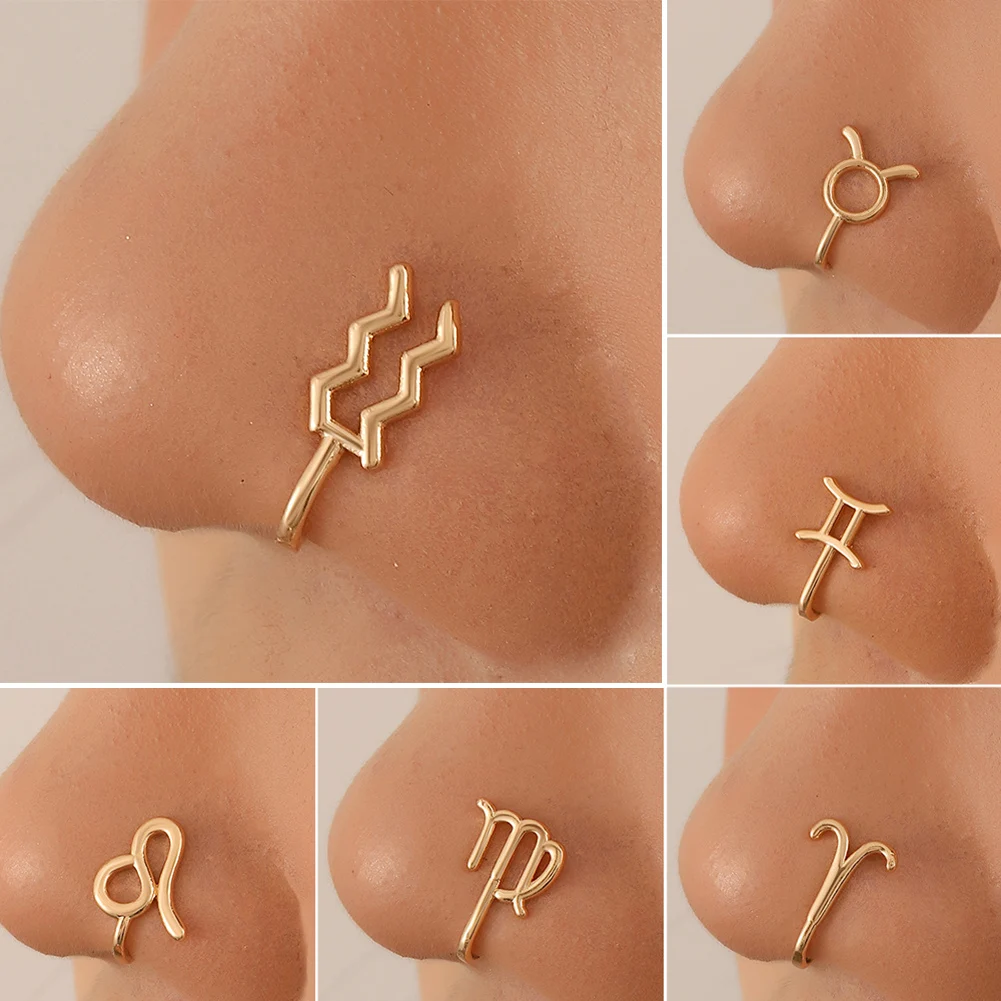 

1Pcs Fashion Women Fake Piercing Nose Ring Clip Septum Rock Hip Hoop 12 Constellations Body Jewelry Fake Perforation Nose Ring