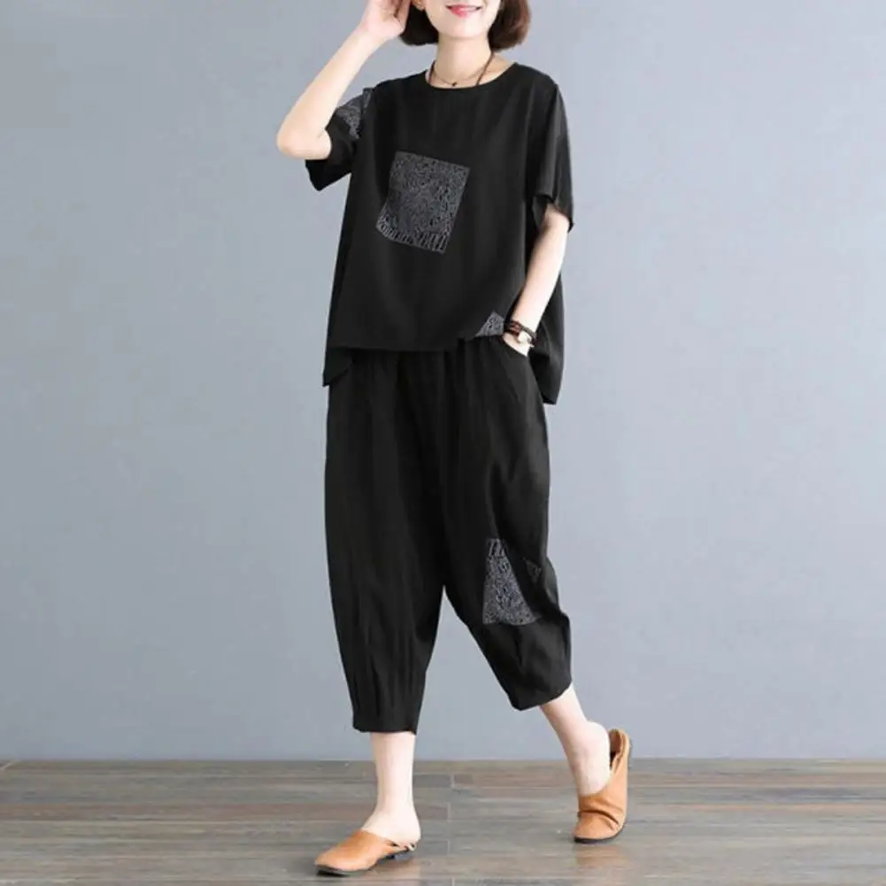 

Stylish Soft Women Tee Sweatshirt Top Cropped Harem Trousers Kit Loose Breathable Women T-Shirt Pants Suit Daily Wear