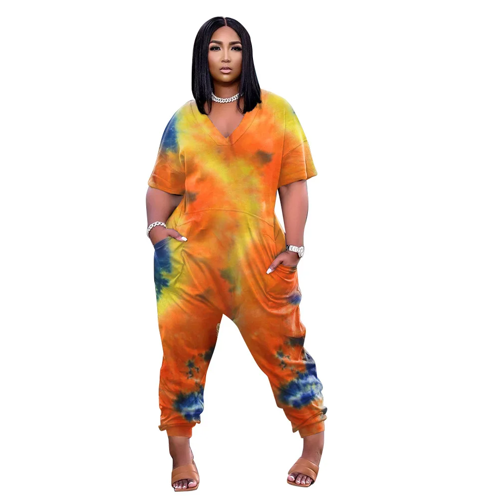 Plus Size Women Jumpsuit Tie Dye Print Pocket One Piece Cloth Female Fashion Pencil Pants  2023 Summer Lady Elegant Jumpsuits