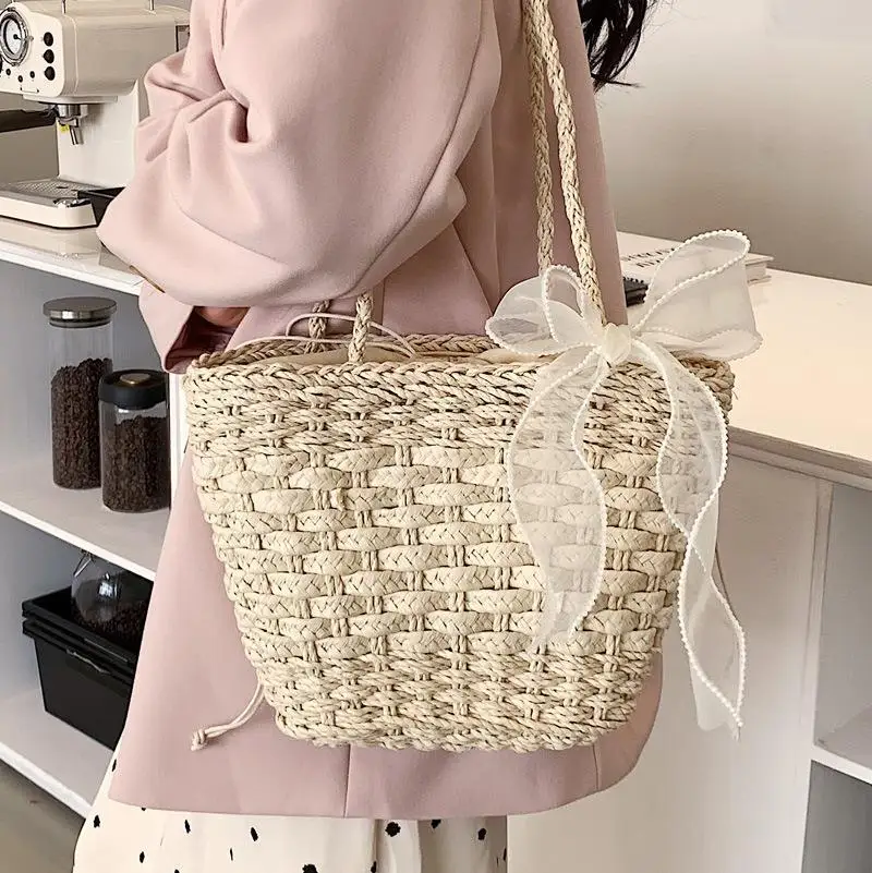 

Summer Women Handbags Bohemia Ribbon Raffia Drum Bags For Women Designer Shoulder Hand Made Rattan Grass Compilation Handbags