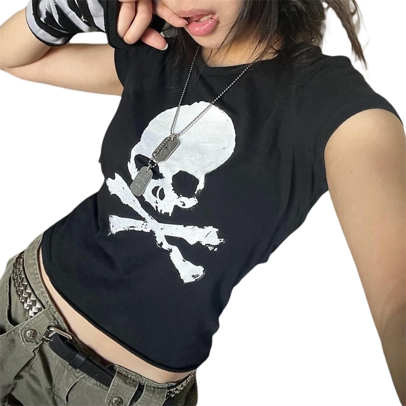 

Y2k Slim Crop Top Gothic Skull Punk Streetwear Women's Tee Summer Casual 90s Vintage Grunge Graphic Print Short Sleeve T-Shirt