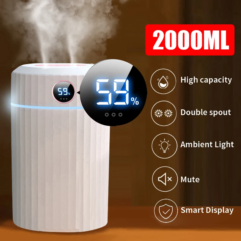 2L Double Nozzle Air Humidifier With LCD Display Essential Oil Aroma Diffuser Ultrasonic Humidifiers Aromatherapy Diffuser