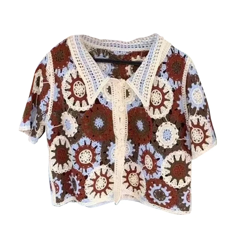 

Women Summer Short Sleeve Cardigan Crochet Knit Floral Lapel Button Up Crop Top 57BD