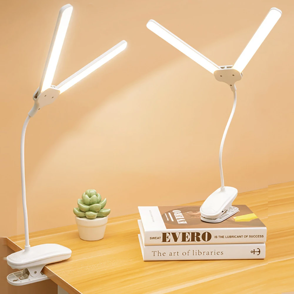 Double Head Desk Lamp LED Clip lamp Flexible Gooseneck Touch Dimming Table Lamps USB Charging Clip On Lamp For Office Computer