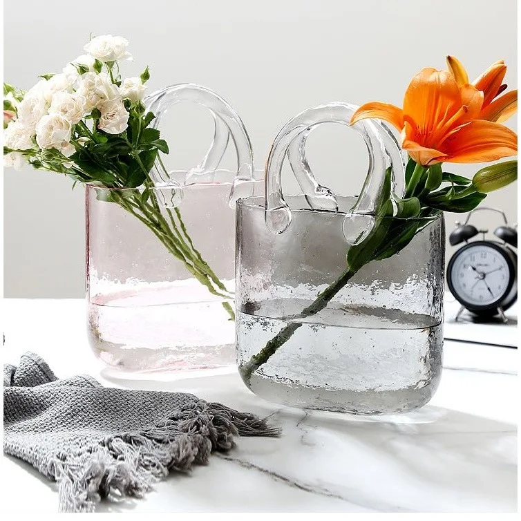 Flower Vase Fish Tank Handbag Shape Transparent Glass Hydroponic Plants Container for Home Office Decor images - 6
