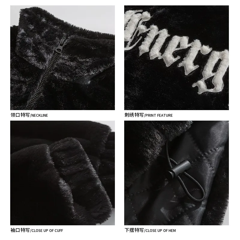 Retro Winter Street Letters Embroidered Plush Stand-up Collar Cotton-Padded Clothes Men's Fashion Brand Loose  Casual Warm