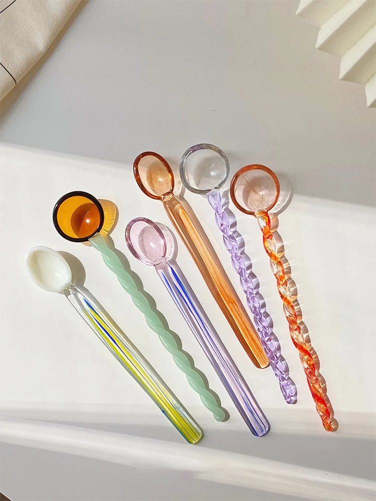 

Sweet Your Home Colored Glass Spoon Long Handle Dessert Coffee Spoon Milk Stirring Stick Cute Chic High Temperature Resistant