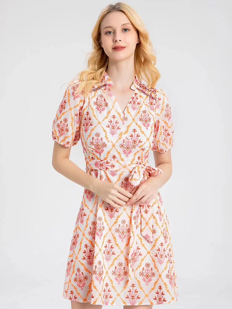 

MoaaYina Fashion Runway dress Summer Women's Dress V-Neck Short sleeve Flower Embroidery Belted Vintage Dresses