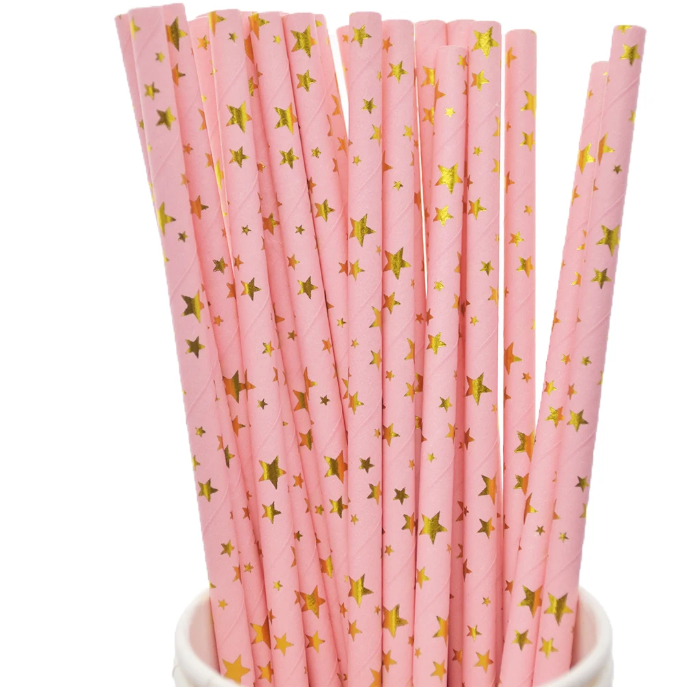 Розовые голубые золотые бумажные питьевые трубочки, биоразлагаемые, с различными узорами, для вечеринок, дня рождения, свадьбы, фуршетов, принадлежности для вечеринок.