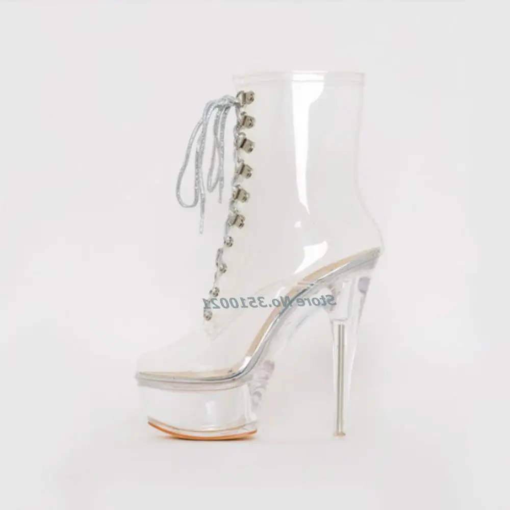 Clear Silver Platform Lace Up Boots Clear Stiletto High Heels Sexy PVC Material Women Dress Shoes 15cm Fashion European Style