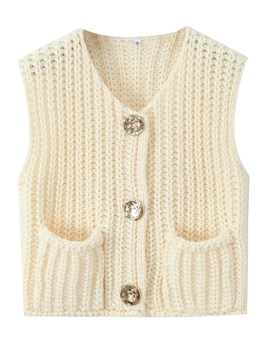 XNWMNZ 2024 женский модный красный укороченный вязаный жилет элегантный золотой