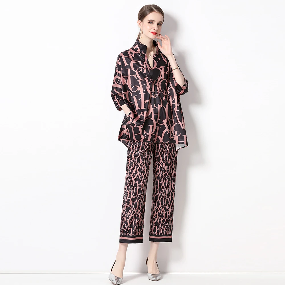 

Runway Fashion Women 2 Pieces Set Summer Vintage Letter Print Loose Shirt Tops + Wide Leg Pants Cropped Trousers Suit N8717