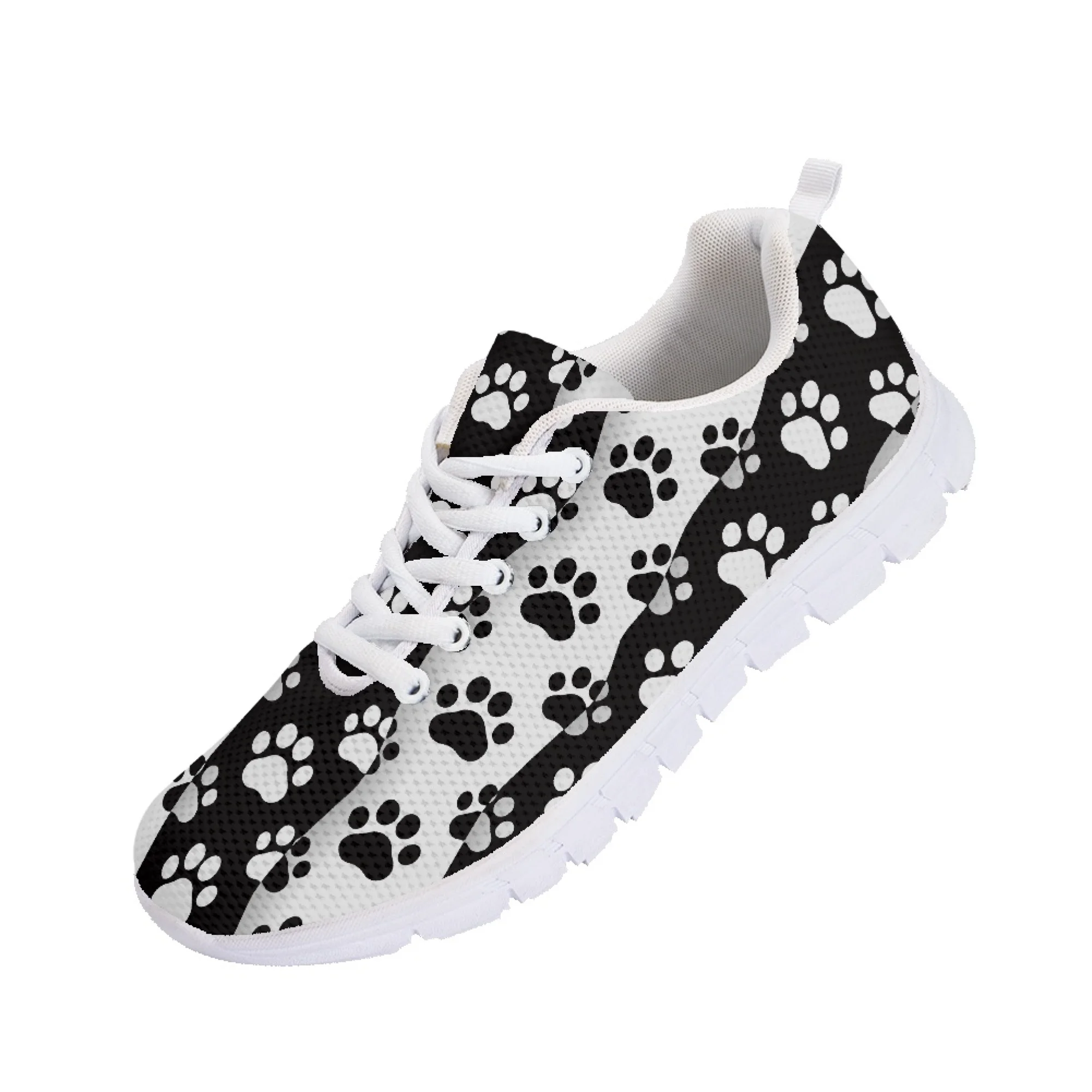 Yikeluo Fashion Black White Paw Printing Women's Sneakers Breathable Flat Shoes for Female Casual Lace Up Walk Shoes Lightweight