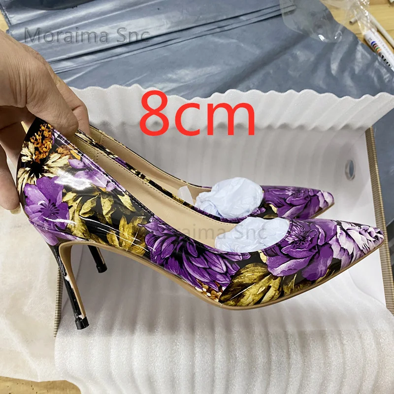 Purple Print Super High Heels Shoes for Women Pumps Flowers Pointed Toe Shallow Stiletto Wedding Party Shoes Female Spring