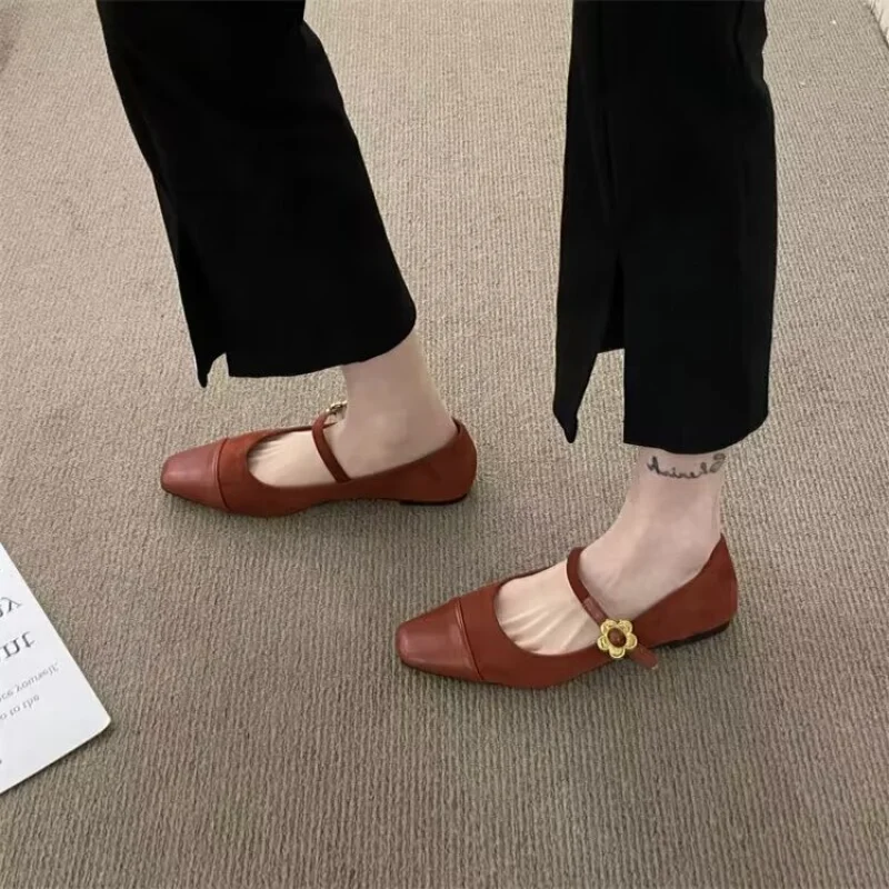New Women's Flats Patchwork Mary Jane Shoes Flower Buckle Strap Designer Shoes Faux Suede Vintage Zapatos Mujer Spring 1192N
